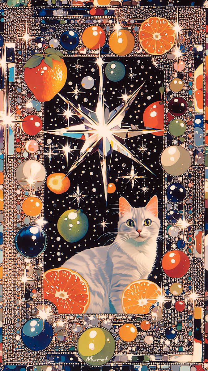 キラキラ⭐️　　花＆猫 一月のフル－ツ猫🍓🍊🥝🍋 January fruit cat nijijourney × Grok #月