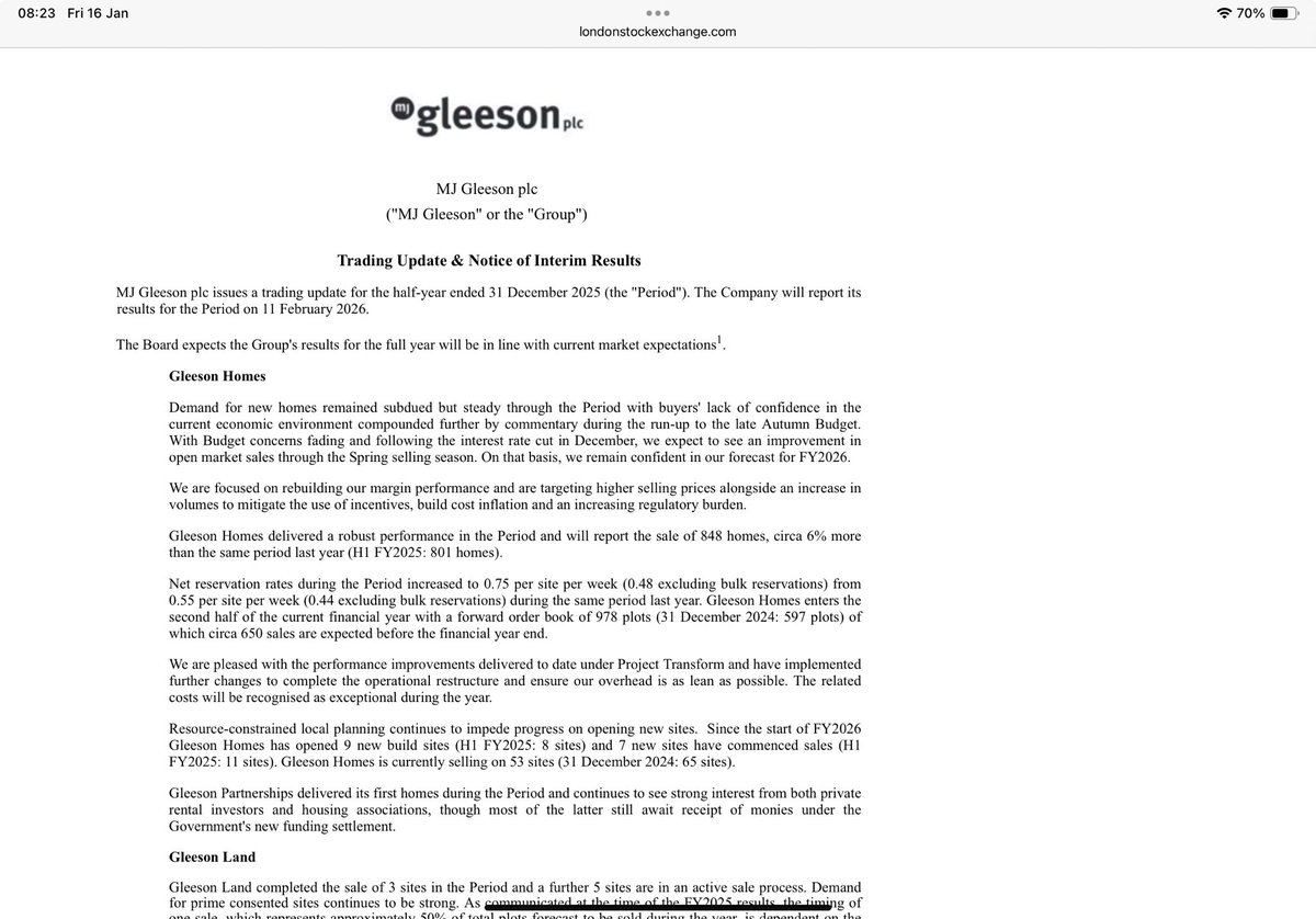 reb40's tweet photo. #GLE Gleeson shares dipped -5.67% yesterday so shareholders may be reassured by today’s inline Trading Update

Signs of optimism for spring sales tho I note net debt has increased slightly “The Group ended the Period with net debt of £22.5 million (31 December 2024: £18.1m)🤔 https://t.co/xbsTbyB7wD