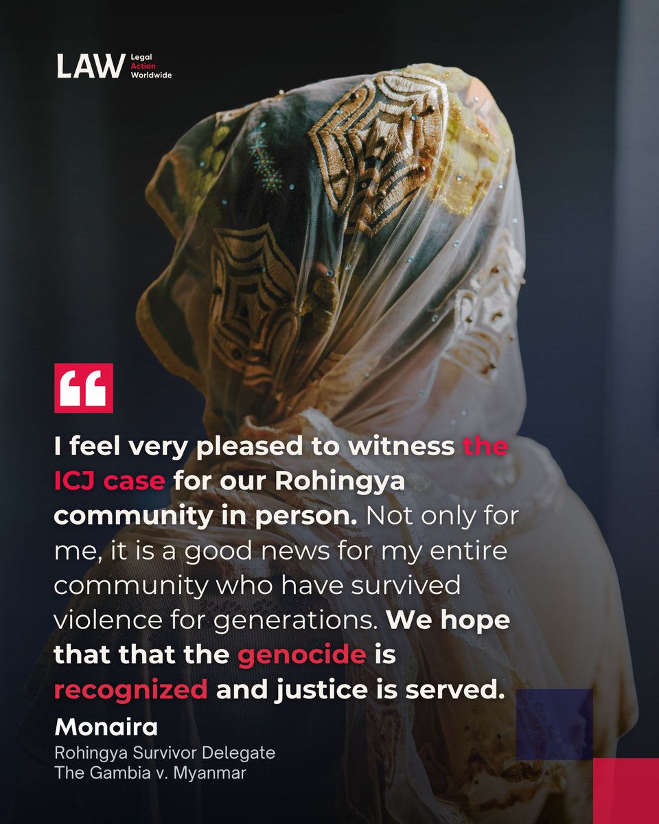 🔴 Monaira is attending The Gambia v. #Myanmar case merits hearings at The <a href="/CIJ_ICJ/">CIJ_ICJ</a>  with a collective hope for her community: that the World Court  will help end the cycle of #Rohingya being displaced repeatedly without #justice.

She hopes for a judgment that leads to real