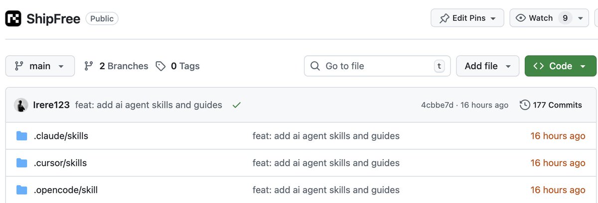 we finally shipped ai agent skills and guides in shipfree

on our way to make shipfree the best saas boilerplate out there

CA: 4jzHA1TJqSCNDrmGrtHX46um1363XGu6HpUHWyn4BAGS