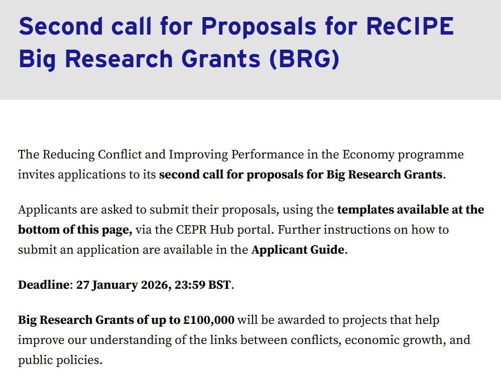 Second call for Proposals for ReCIPE Big Research Grants (BRG)
Deadline: Jan 27
cepr.org/second-call-pr…
