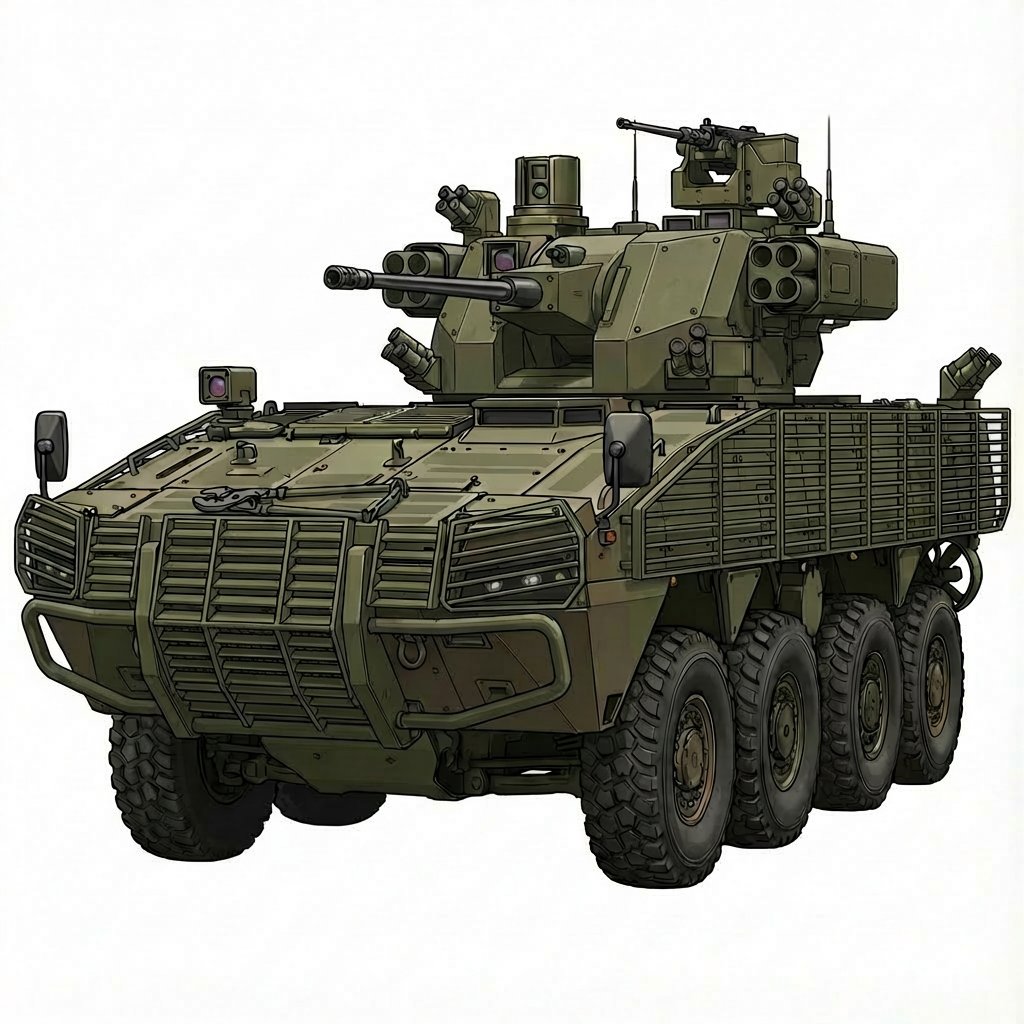 Patria AMV TYPE30
30式装輪機動戦闘車
パトリアシリーズの自衛隊仕様 機関砲、機銃、中多、グレネードランチャー、など多彩な装備を備えた無人砲塔を備える。 