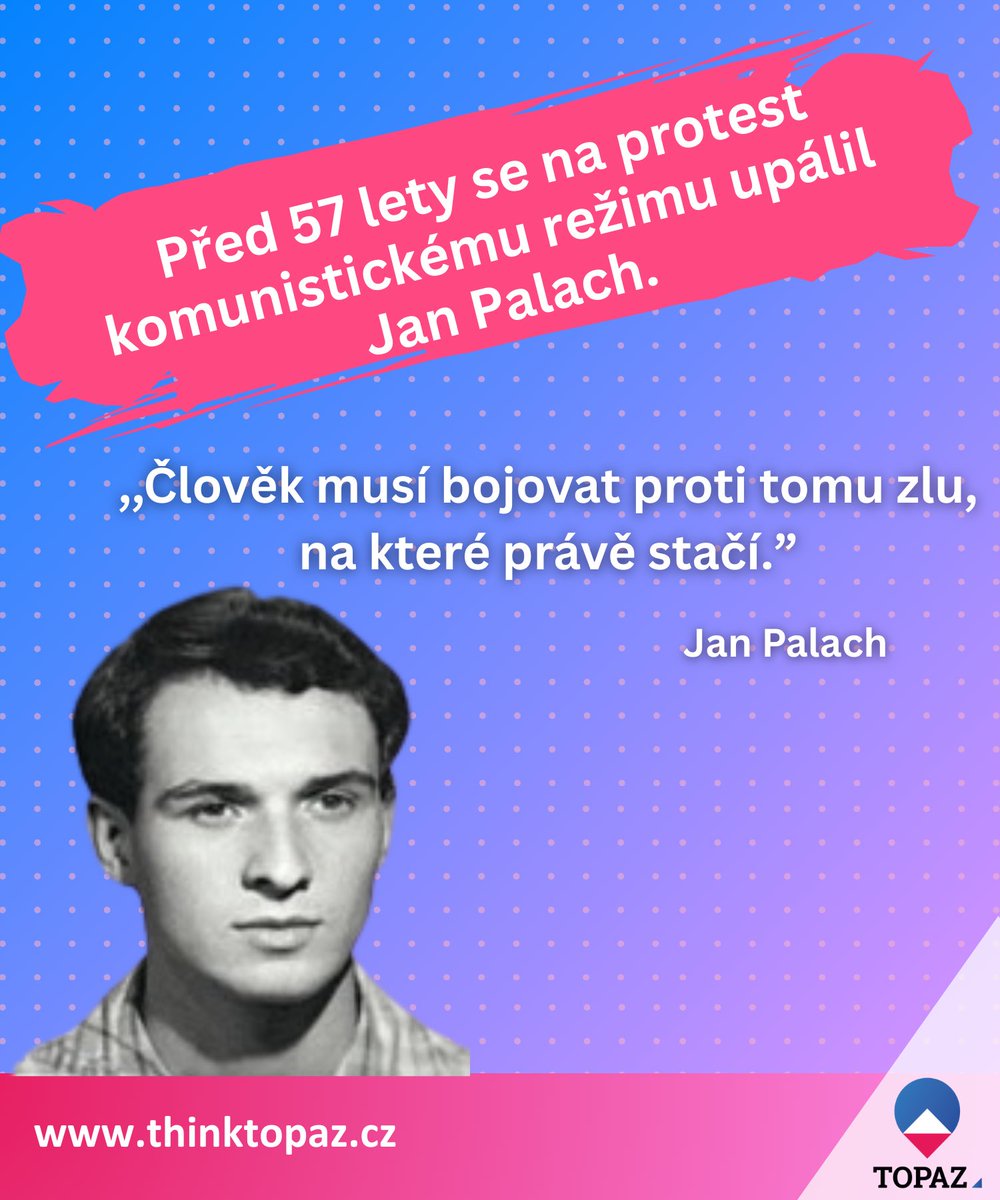 TOPAZcs's tweet image. SVOBODA NENÍ SAMOZŘEJMOST 🕯️
Dnes si připomínáme čin Jana Palacha, který se upálil na protest proti potlačování svobod a lhostejnosti společnosti po okupaci Československa.