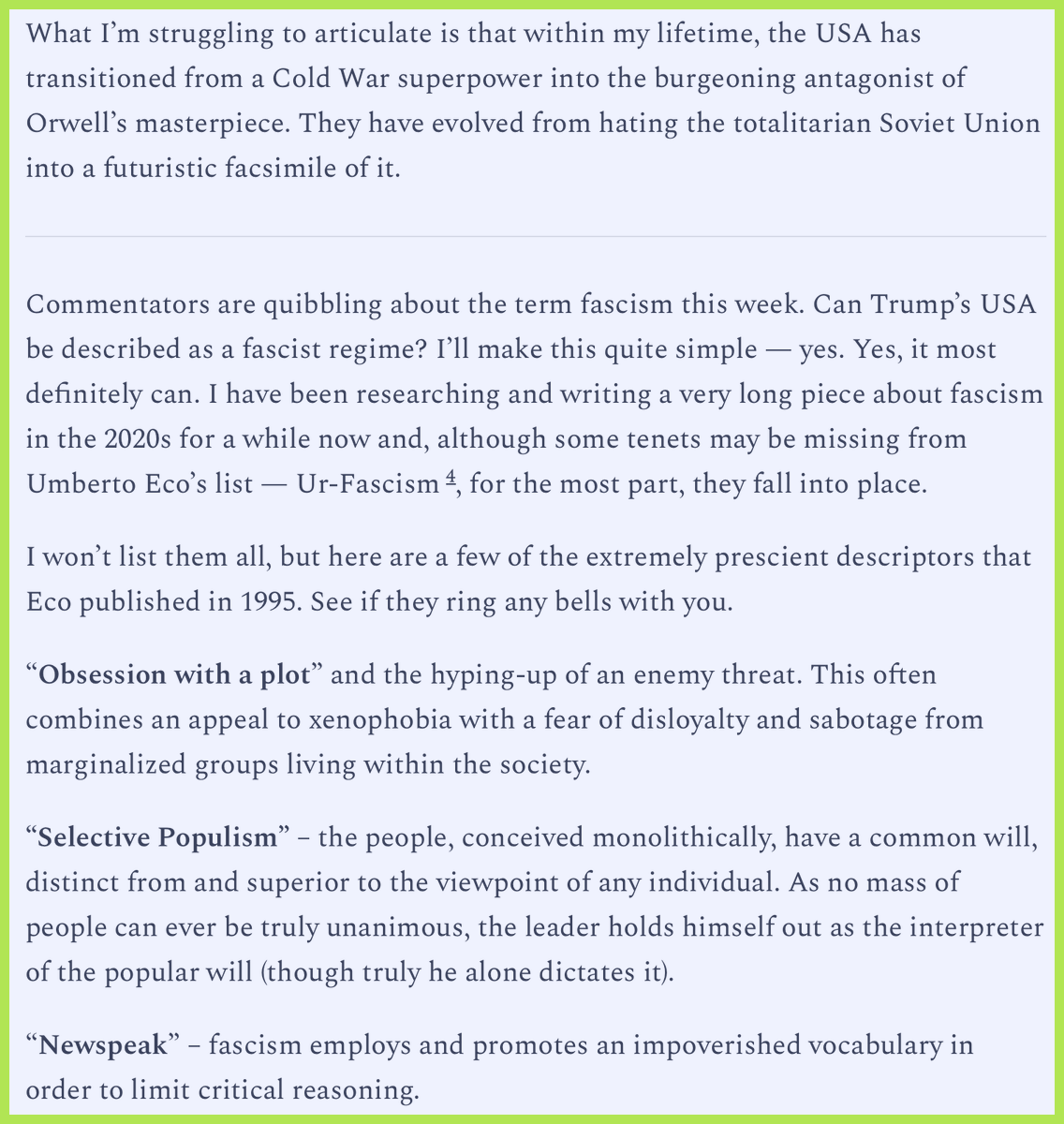 donmcgowan's tweet image. I wrote an article a few days ago about Trump's USA. About Trump's transition into fascism.

Yesterday, he 'joked' about cancelling the midterm elections in November. 

Yesterday, he hinted at invoking the Insurrection Act.

Yesterday, he took someone else's Nobel Peace Prize…