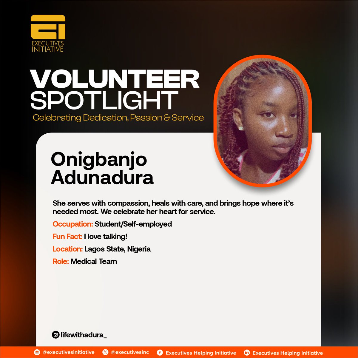 Volunteer Spotlight: Onigbanjo Adunadura ✨
She serves with compassion, heals with care, and brings hope where it’s needed most. From the medical team to the hearts she touches, Adunadura is a true example of dedication in action. We’re proud to celebrate you! 💛