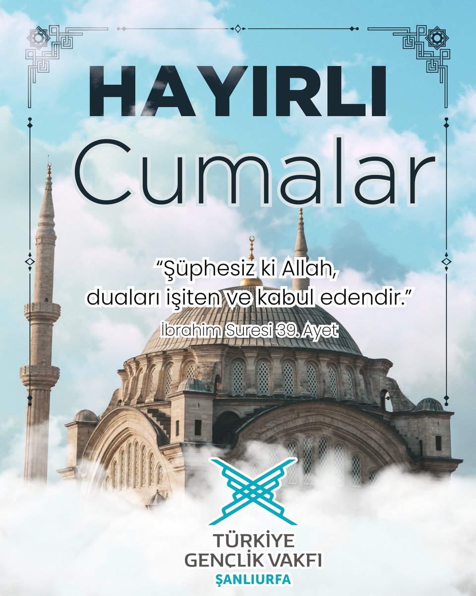 Cuma; durup düşünmek, iyiliği çoğaltmak ve gönülleri hatırlamak için bir fırsattır. Bu mübarek günün hepimize huzur, umut ve hayır getirmesini diliyoruz.  Hayırlı Cumalar.