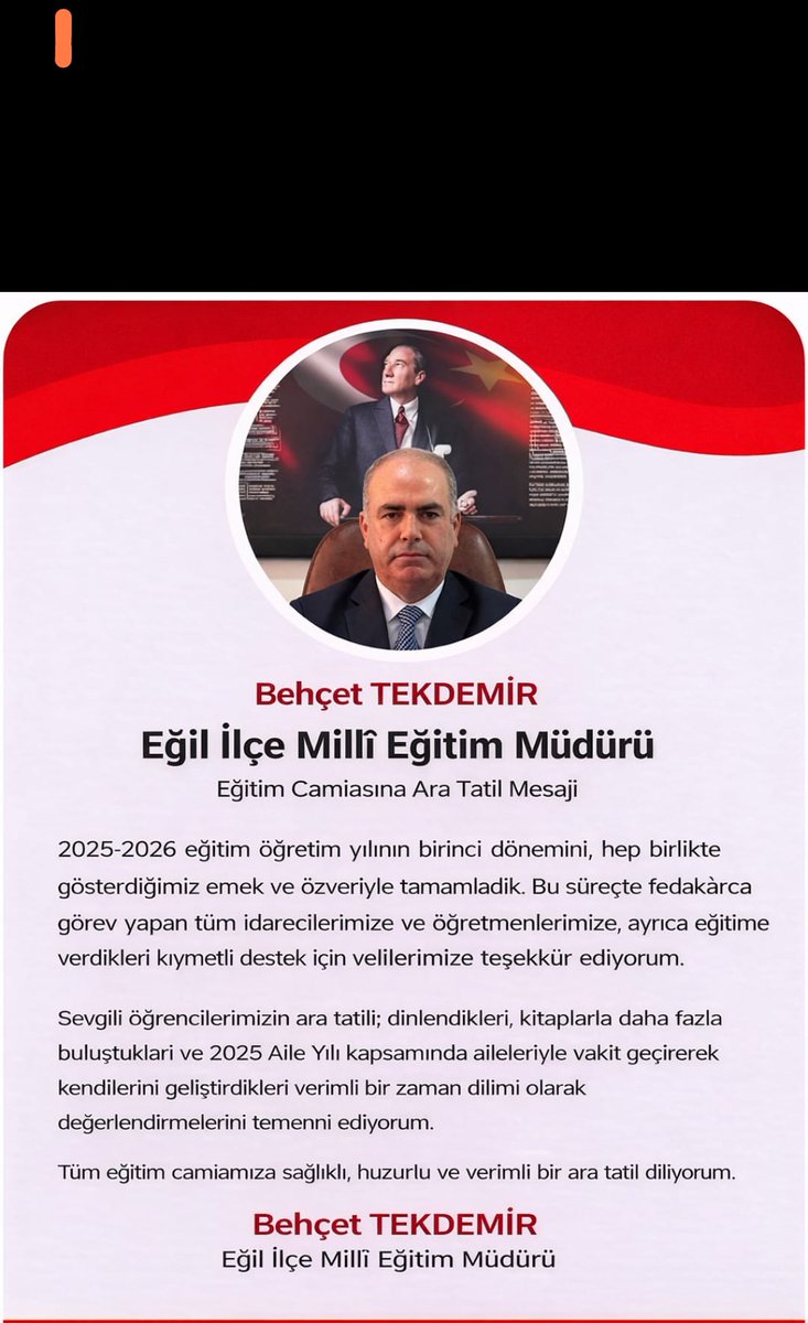 İlçe Milli Eğitim Müdürümüz Sayın Behçet TEKDEMİR'in eğitim camiasına ara tatil mesajı;
<a href="/tcmeb/">Millî Eğitim Bakanlığı</a> <a href="/Diyarbakirmem/">Diyarbakır İl Millî Eğitim Müdürlüğü</a> <a href="/behcettekdemirr/">Behçet TEKDEMİR</a>