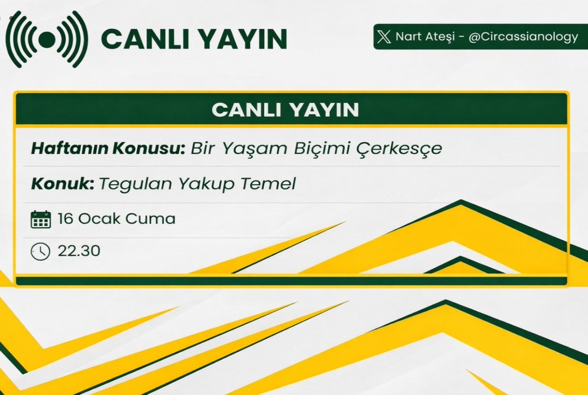 Bugün 16 Ocak Cuma günü saat 22.30'da space yayınımız vardır. "Haftanın Konusu: Bir Yaşam Biçimi Çerkesçe" 

Konuk: Tegulan Yakup Temel

Tüm Çerkes Ve Çerkes dostlarını bekleriz...