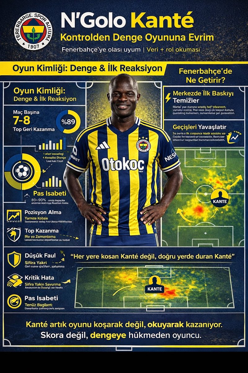 Kanté’nin Al-Ittihad’daki performansı rakamların tek başına anlattığından daha bütüncül bir resim sunuyor. Suudi Arabistan’da çoğunlukla 4-2-3-1 ve yer yer 4-3-3 tabanlı bir yapı içinde, Fabinho ile birlikte çift pivotun daha hareketli parçası olarak kullanıldı. Bu rolde