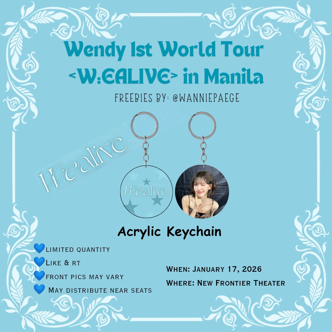 wanniepaege's tweet image. 🩵🤍 w:ealive in manila freebies 🤍🩵

fan support by: @wanniepaege 

wendy acrylic keychains
✨ random photo (1:1)
✨ like &amp;amp; rt 

see you around nft! 🫡

#WENDY
#WEALIVE
#WENDY_WORLDTOUR_MANILA #WEALIVE_IN_MANILA