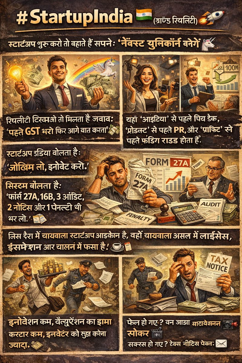#10YearsOfStartupIndia
When you talk about starting a startup, they show you dreams —
 “You will be the next unicorn.”
But when you talk about reality, the answer is:
 “First pay GST, then we’ll talk.”

Here, PR comes before product,
pitch deck before prototype,
and funding