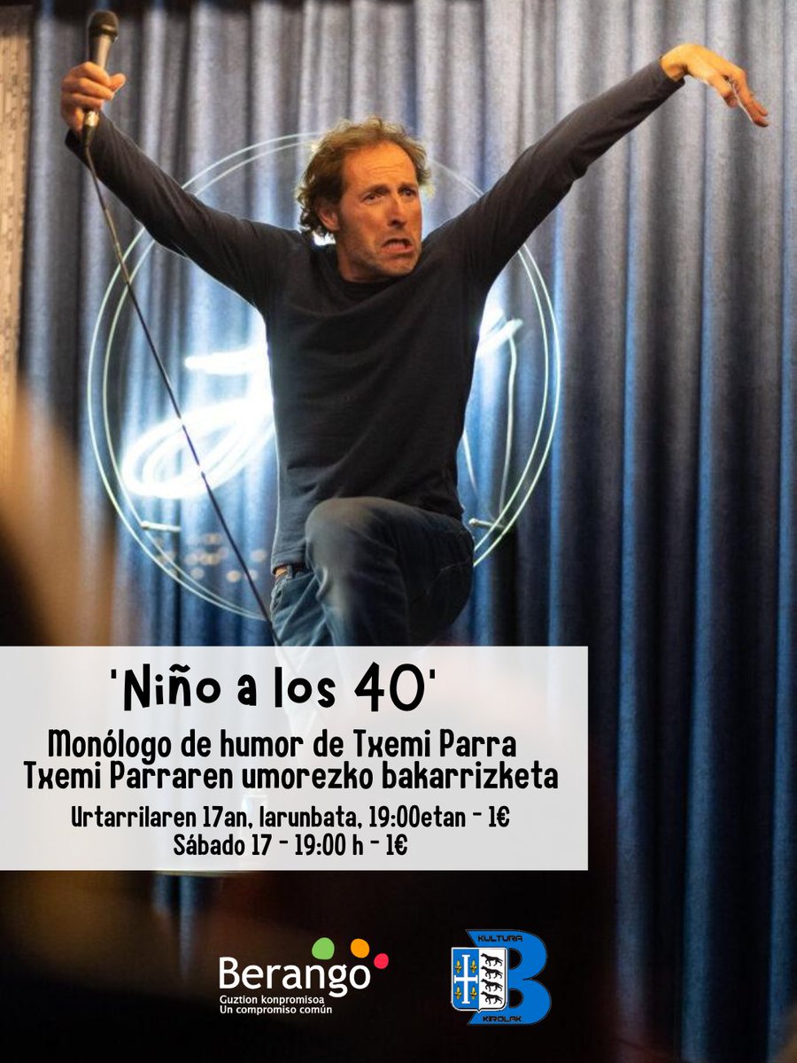 🎙️😂 Stand up comedy este fin de semana en el Fernando Ansoleaga Antzokia. El actor, presentador, guionista, monologuista y escritor @TxemiParra presenta su show 'Niño a los 40', en el que hace un repaso a los traumas de su infancia y adolescencia. 

📸 Zacarias García

#berango