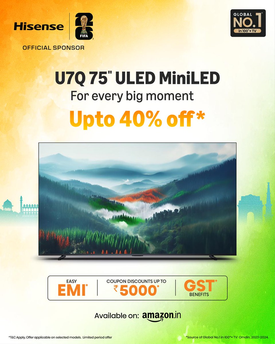 Hisense_IND's tweet photo. For every big moment, go bigger.
Bring home the Hisense U7Q 75” ULED Mini LED TV with up to 40% off*.🔥 
Plus easy EMIs, coupon discounts up to ₹5,000, and GST benefits. 

Available now on Amazon. 

#HisenseTV #ULEDMiniLED #BigScreenExperience #SmartTVSale #HisenseIndia https://t.co/NeFffZH4gP