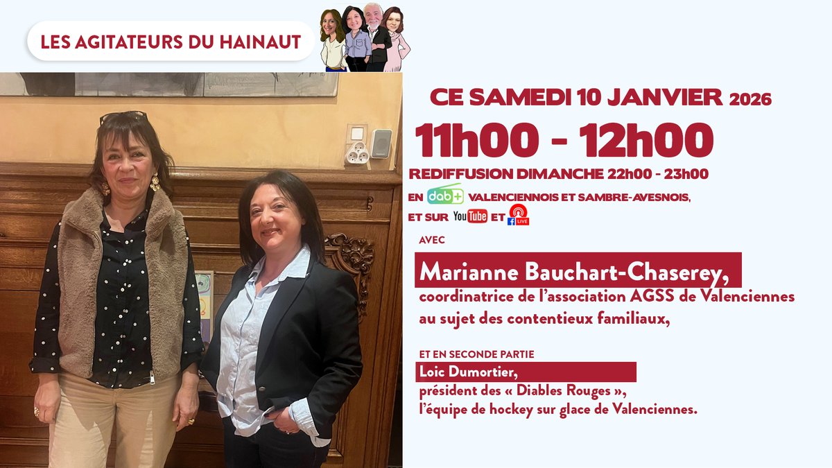 Marianne Bauchart-Chaserey, coordinatrice de l’association AGSS de Valenciennes au sujet des contentieux familiaux est l'invitée d'Enza pour les Agitateurs du Hainaut.

Les Agitateurs du Hainaut - Samedi 10 janvier 2026 - #168 - Partie 1
cno-radio.fr/podcast-cno-11…