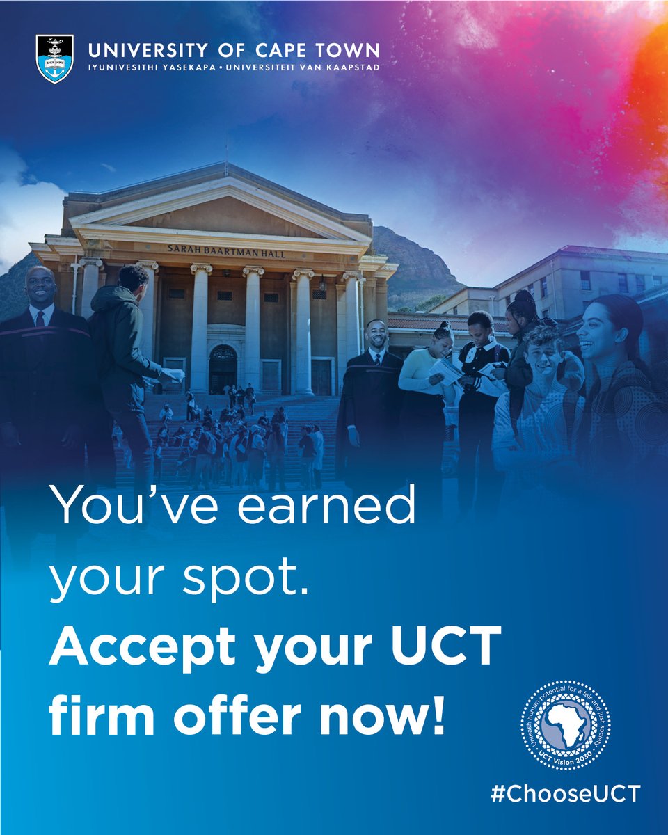UCT_news's tweet image. If you’ve been offered a place to study at UCT in 2026, congratulations - you’ve earned it!

Log in to the UCT Self Service Portal and accept your firm offer to secure your place. We’re excited to welcome you to a campus where ambition, excellence and opportunity come together.…