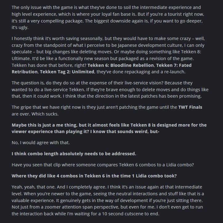 VolSkimmer's tweet image. PhiDX says big changes like deleting moves, shortening combos, &amp;amp; relaunching Tekken 8 in Season 3 as an Ultimate version would save the game

PhiDX also advocates for more frequent balance patches while remaining excited about the direction of the latest updates