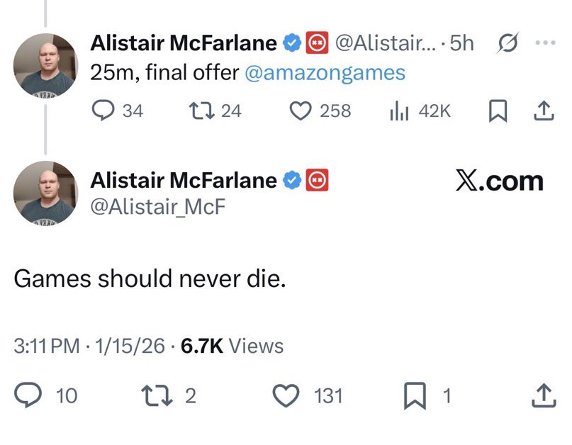 The COO of Facepunch (Rust, Garry’s Mod) publicly offered Amazon $25M for New World.

“Games should never die.”