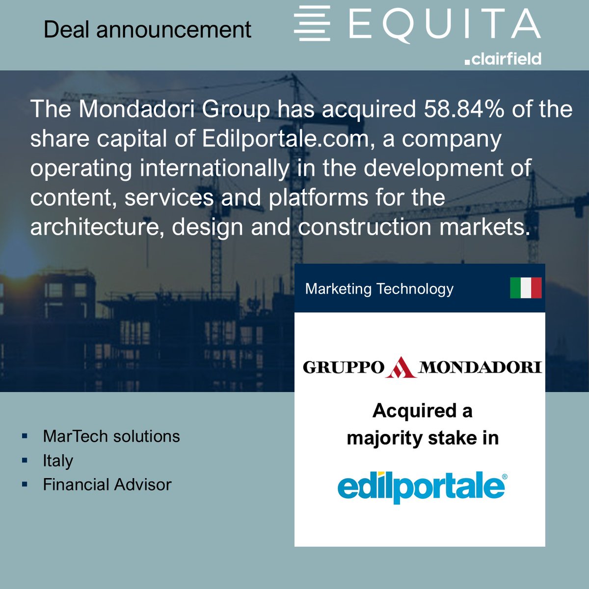 equitamidcap's tweet photo. The Mondadori Group, Italy’s leading trade and educational book publisher and one of the main players in digital and social media, has acquired 58.84% of the share capital of https://t.co/bQIiyo86Dx. EQUITA - Clairfield International was financial advisor. https://t.co/2VBt5T92Q9