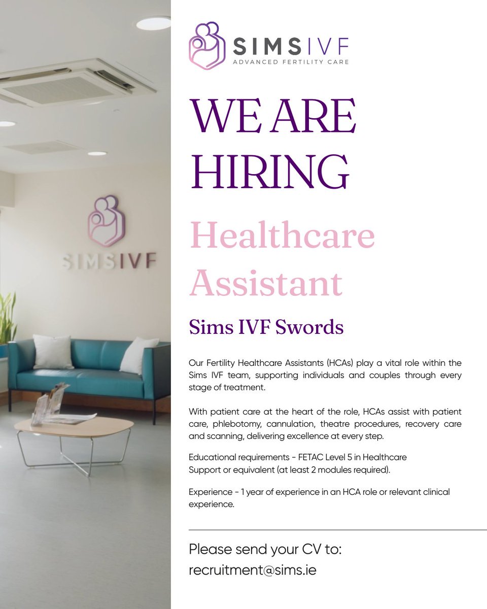 simsivf's tweet image. We’re Hiring!

Sims IVF Swords is hiring a Healthcare Assistant (HCA) to join our dedicated and highly skilled team.

Find the full job description here.
sims.ie/about-sims-ivf…

#simsivf #healthcareassistant