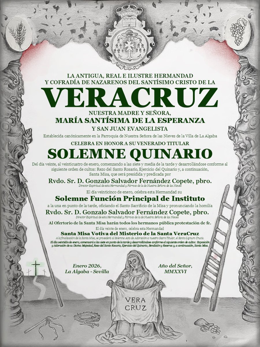 veracruzalgaba's tweet image. ✝️ #TuCruzNuestraEsperanza | SOLEMNE QUINARIO ANUAL DE REGLAS EN HONOR Y GLORIA DEL SANTÍSIMO CRISTO DE LA VERACRUZ

La Antigua, Real e Ilustre Hermandad de la Santa VeraCruz, establecida canónicamente en la Iglesia Parroquial de Nuestra Señora de las Nieves de la Villa de La…