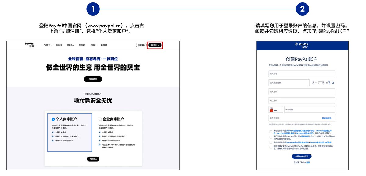 Pluvio9yte's tweet image. PayPal已经支持中国个人卖家全球收款！

注册教程：

一 准备工作：

1. 有效且能接收验证码的邮箱地址

2. 有效且能接收验证码的中国大陆地区11位手机号码

3. 在有效期内的中国大陆地区个人身份证件（人像面和国徽面）

二 注册流程见图片1-4：

官方公众号：mp.weixin.qq.com/s/MStyTjpUzNuZ…