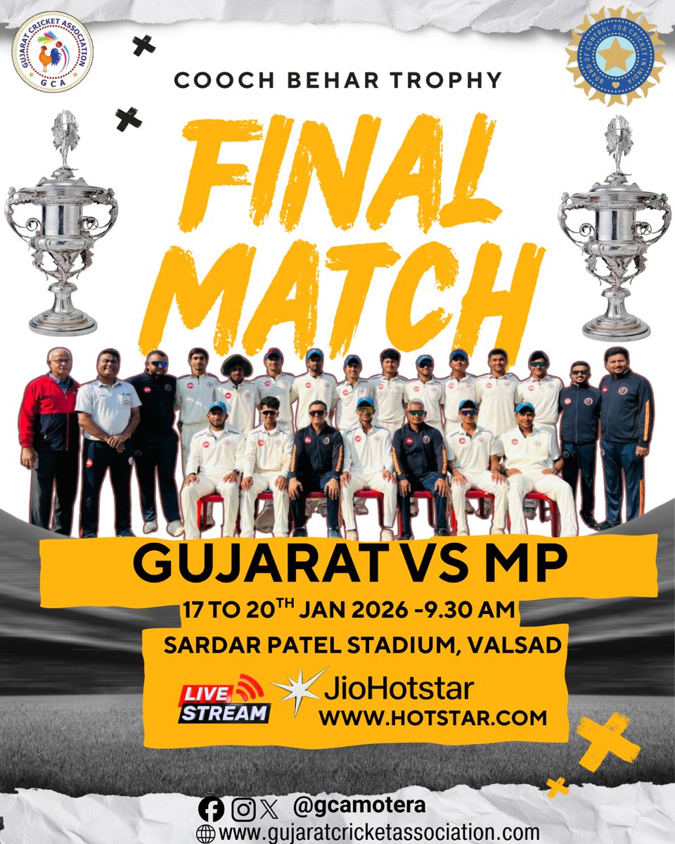 GCAMotera's tweet image. FINAL BOUND 💛💙
Gujarat storms into the Cooch Behar Trophy Final with grit, discipline, and fearless cricket.
One last battle. One ultimate goal. 🏆

#CoochBeharTrophy #GujaratCricket #RoadToFinal #FutureOfIndianCricket #FinalBound 
@BCCIdomestic @JayShah @DhanrajNathwani