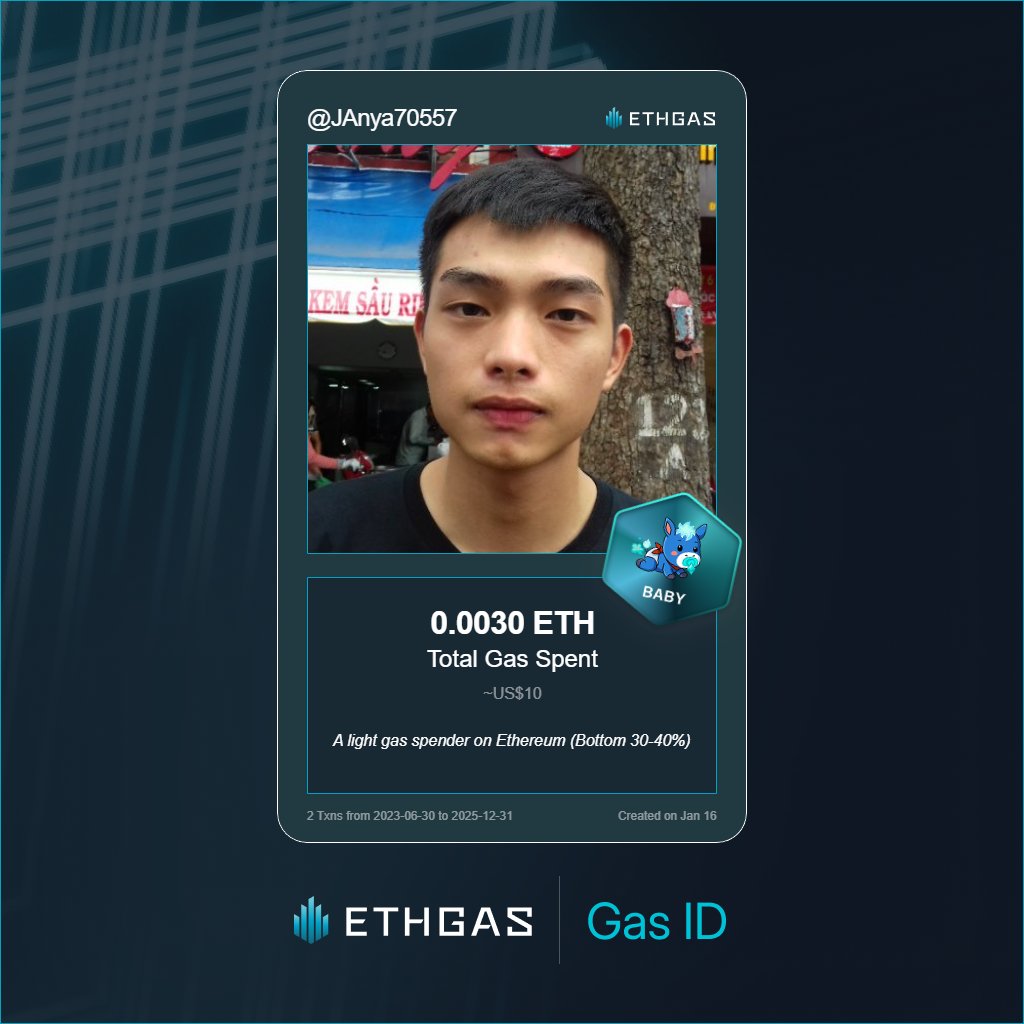 JAnya70557's tweet photo. Just unlocked my Gas ID via ETHGas 🪪

I'm a Baby Jack with 0.003 ETH spent on gas since Beacon Chain - now fueling my climb to the Gasless Future and earned 1 Beans already. 

Reveal yours at https://t.co/dqT0TR8olO https://t.co/U75JEaBaeO