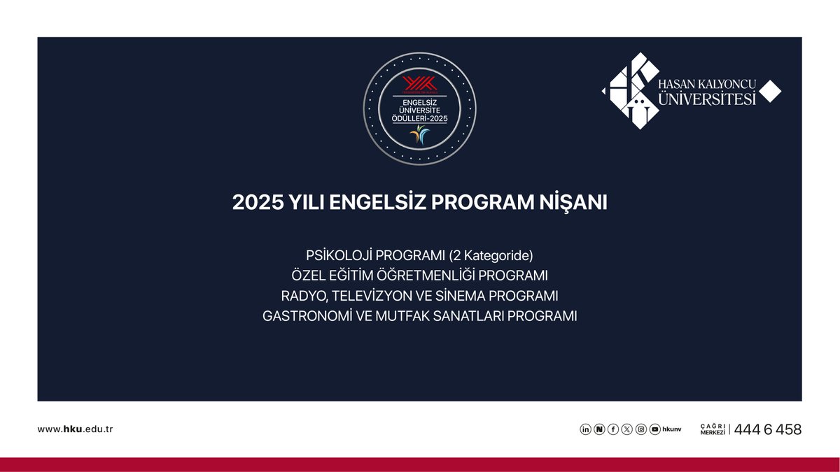 🏅 Hasan Kalyoncu Üniversitesi’ne Engelsiz Eğitimde Büyük Başarı!

YÖK tarafından düzenlenen 2025 Engelsiz Üniversite Ödülleri kapsamında
HKÜ;

✔️ Psikoloji Programı ( 2 Kategoride)
✔️ Özel Eğitim Öğretmenliği Programı
✔️ Radyo, Televizyon ve Sinema  Programı
✔️ Gastronomi ve