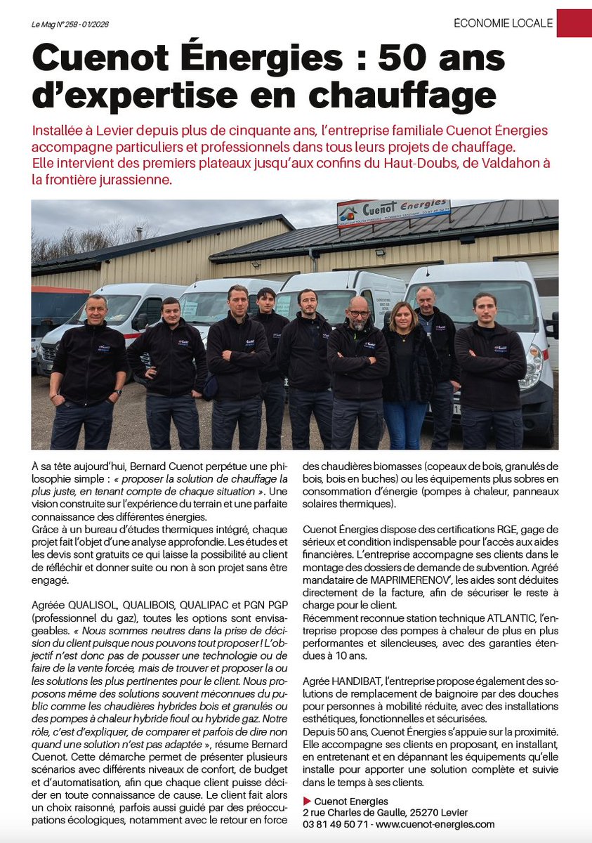 Installée à Levier depuis plus de cinquante ans, l’entreprise familiale Cuenot Énergies accompagne particuliers et professionnels dans tous leurs projets de chauffage.