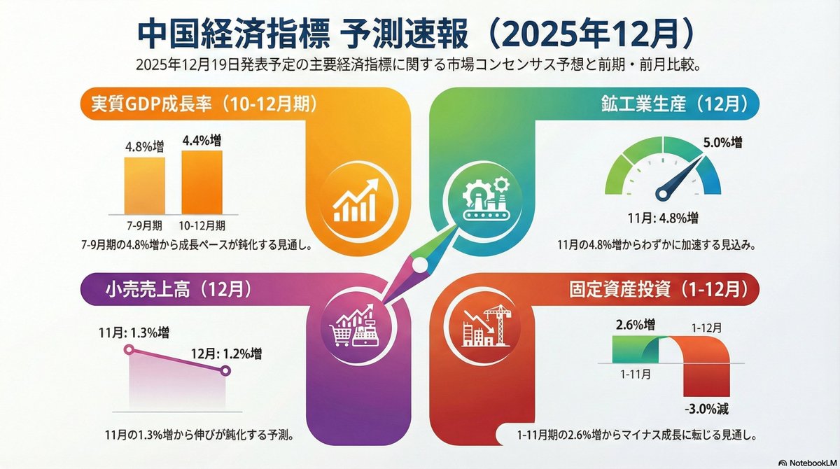 19日にGDPをはじめとする中国の主要経済指標の発表があります。中国にとっては第14次5カ年計画の締めくくり。どんな結果が出てくるのか注目です。  【中国株】GDPなど主要経済指標の予想値一覧（25年12月） 詳細はこちら🔽 https://t.co/1hneTAXnPc
