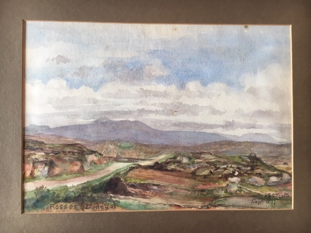 YeatsBedfordPk's tweet image. Donegal landscape painted by Elizabeth Yeats on the back of a notice from @StMichaelsW4 where #Yeats family worshipped from 1879-1902 (with 81-86 gap in Dublin)🌻#BedfordPk's🌻aesthetic ethos + #artsandcrafts ambience having major impact on Lolly (Elizabeth), Lily, Willie + Jack!