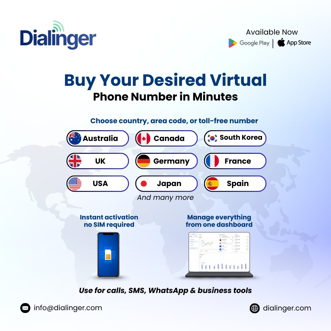 dialinger_'s tweet image. Get your perfect virtual phone number in minutes! 
Easy, fast, and ready to use.
Download now on Google Play &amp;amp; the App Store.
🔗 𝐕𝐢𝐬𝐢𝐭: 𝐰𝐰𝐰.𝐝𝐢𝐚𝐥𝐢𝐧𝐠𝐞𝐫.𝐜𝐨𝐦
📩 𝐂𝐨𝐧𝐭𝐚𝐜𝐭: 𝐢𝐧𝐟𝐨@𝐝𝐢𝐚𝐥𝐢𝐧𝐠𝐞𝐫.𝐜𝐨𝐦
#Dialinger #eSIM #TravelSmart #StayConnected #Global