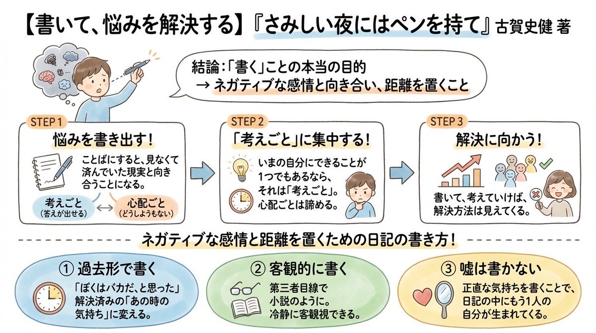「 どうして日記を書くの？」

それは、「 悩み 」を解決するため。
一見どうしようもなさそうな「 悩み 」でも、書くことで前に進めることができます。

さみしい夜こそ、ペンを持ちましょう！