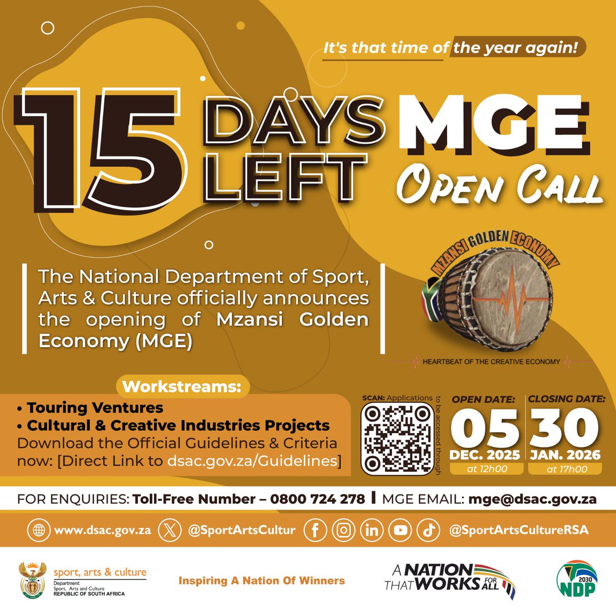 SportArtsCultur's tweet image. 15 Days left till the closing date.

The National Department of Sport, Arts and Culture (DSAC) opens Mzansi Golden Economy (MGE) grant funding applications to the Cultural and Creative Industries/ Arts, Culture and Heritage Fraternity.  

🗓️30 January 2026 at 17h00.

#MGE