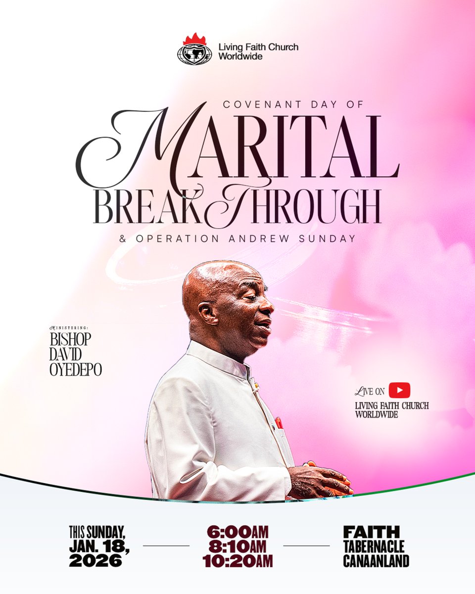 ft_canaanland's tweet image. This Sunday, join us for a divine appointment for alignment and restoration. Every marital siege, delay, and marital unrest shall bow to the power of God at our Covenant Day of Marital Breakthrough.

Service times are 6:00 a.m., 8:10 a.m., &amp;amp; 10:20 a.m.