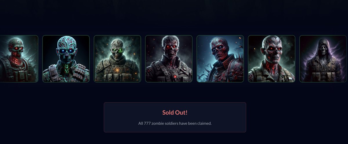 Absolutely insane.

🧟‍♂️ ALL Zombie Soldiers are officially SOLD OUT 🔥

Nearly 300 mints in just the last 3 days.

Missed the mint? You still have a few options 👇
• Grab Zombies on our marketplace
• Find them on <a href="/EbisusBay/">Ebisu's Bay | GameFi - NFT Market - DEX</a> 
• Or secure one via a Premium Package on our website