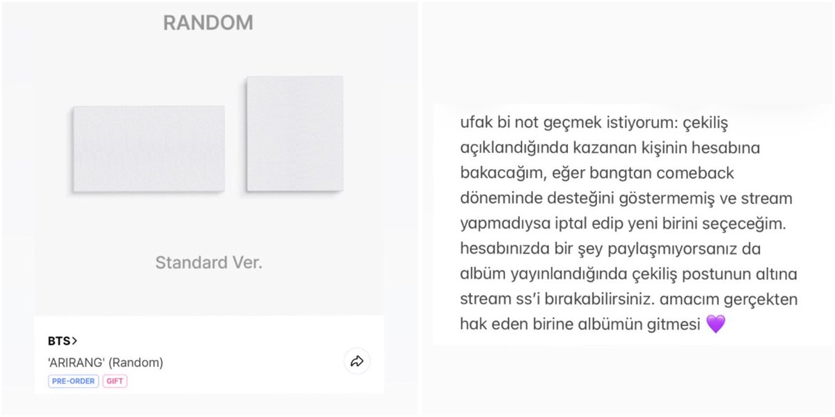 ARIRANG (RANDOM) ALBÜM ÇEKİLİŞİ 💗

katılım şartları
• beni takip etmek
• bir arkadaşınızı etiketlemek

son tarih: albüm elime ulaşır ulaşmaz çekilişi bitirip direkt kargolayacağım

BOL ŞANS!😽