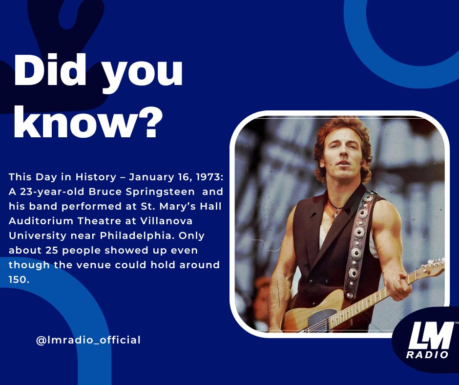✨Did You Know?✨

This Day in History - January 16, 1973, a young Bruce Springsteen (just over 23 years old and not yet a global rock star) and his band performed at Villanova University near Philadelphia. Only about 25 people showed up even though the venue could hold around