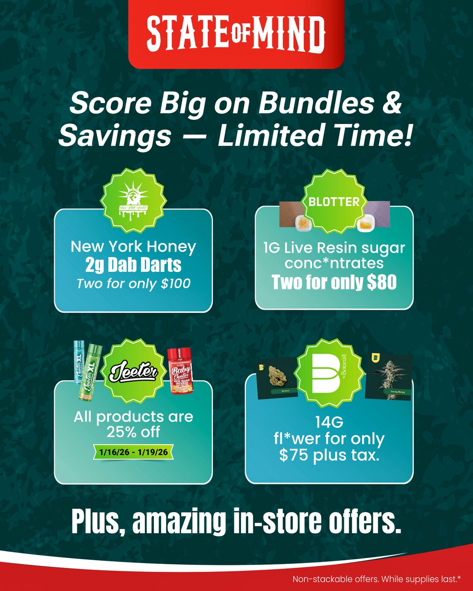 stateofmind_usa's tweet photo. Score big on bundles &amp; savings — for a limited time only! 🔥
From two-for deals to 25% off and exclusive in-store specials, the savings are waiting.
Don’t miss out - shop now!

#StateOfMind #BundleDeals #LimitedTime #ShopAndSave #InStoreSpecials #NYDeals #Community #Deals https://t.co/kWG5Mq8qWB