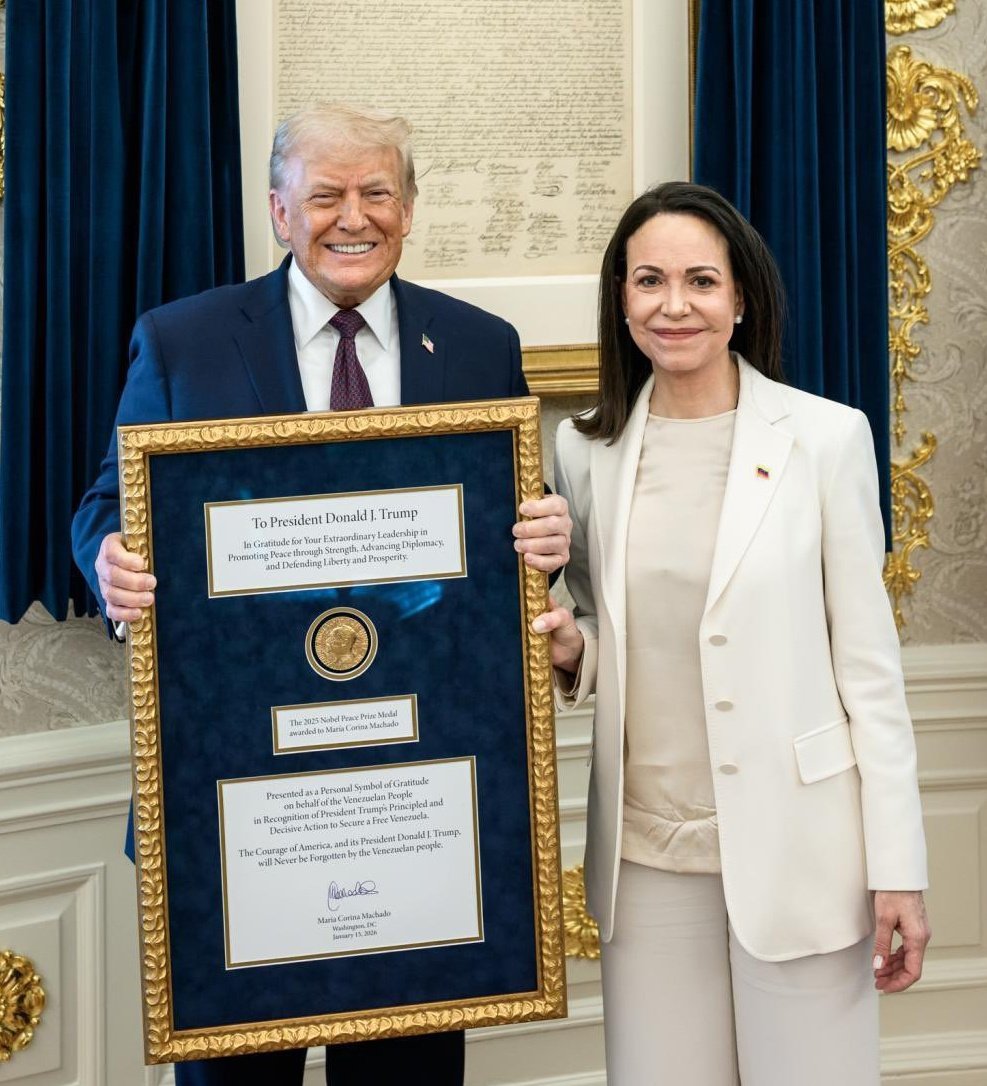 Finally, Trump got a Nobel.

Venezuela’s opposition leader and Nobel Peace Prize winner María Corina Machado gifted her Nobel medal to Trump.