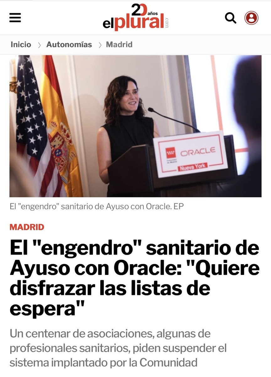 Lo de Ayuso con la sanidad ya no sorprende:

- No invierte en personal.
- Colapsa la Atención Primaria.
- Y cuando las listas de espera explotan, contrata a Oracle para maquillar los datos.
elplural.com/autonomias/mad…