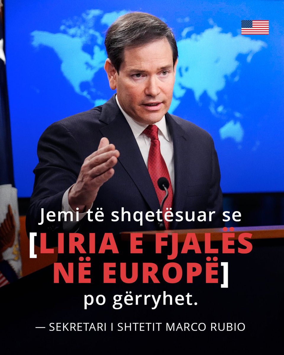 USEmbassyTirana's tweet photo. "Our alliances with our European partners are built on our common principles, our common values... One of those values and principles, we hope, is freedom and the freedom of expression." - Secretary Rubio https://t.co/dV7T2LWy3A
