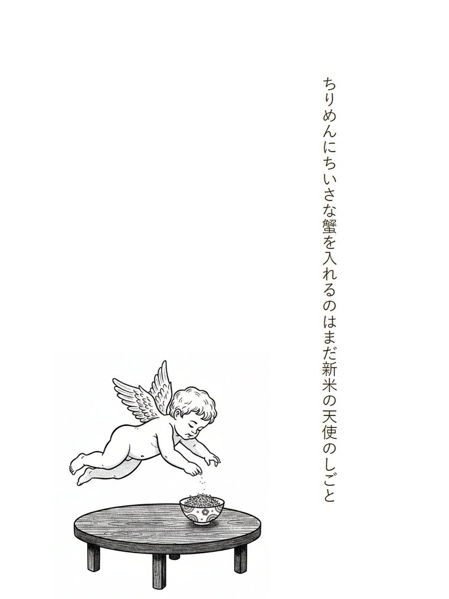 ちりめんにちいさな蟹を入れるのはまだ新米の天使のしごと
#おまけのおもしろ短歌 #短歌 #Gemini