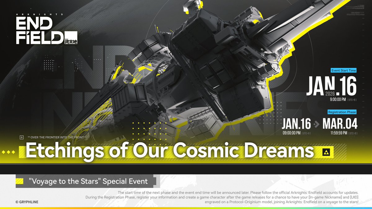 AKEndfield's tweet image. [Voyage to the Stars] web event is now live!

Endministrators, let's soar across the skies and reach the stars together.

*For more details, please check the event page.

Participate in the web event here: endfield.gryphline.com/activity/voyag…

Arknights: Endfield launches on January 22nd…