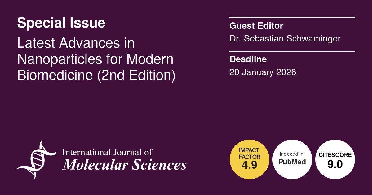 IJMS_MDPI's tweet image. 🌟Calling for Papers🌟
 
📚Latest Advances in #Nanoparticles for Modern #Biomedicine (2nd Edition)
 
👨‍🔬Guest Editor: Dr. Sebastian Schwaminger
🔗 Find Out More: mdpi.com/journal/ijms/s…
⏰Submission Deadline: 20 January 2026
 
#CallforPapers #OpenAccess #MDPIIJMS  #nanomedicine