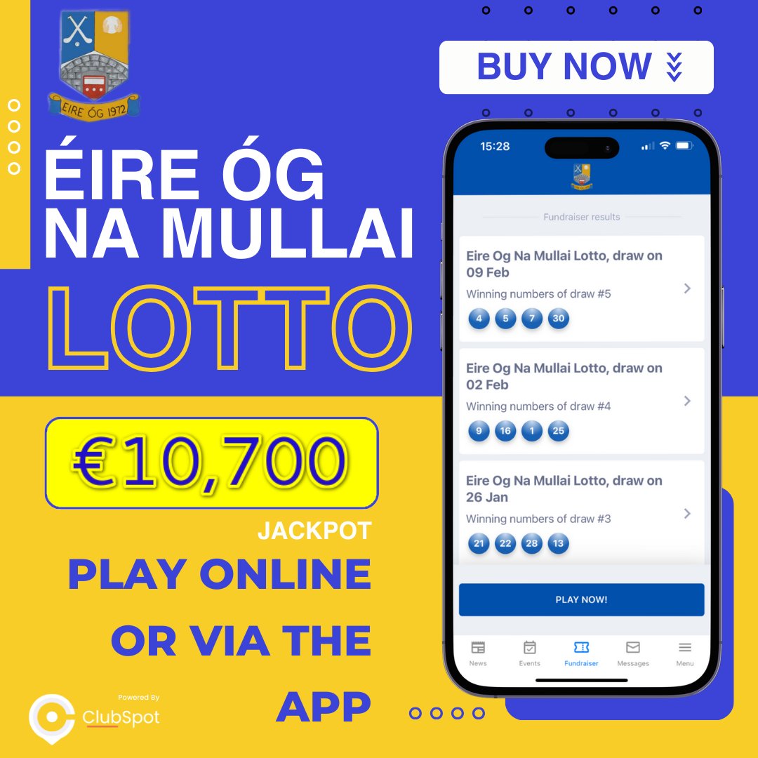 Reminder H U G E JACKPOT this week
Get all the latest news on the Éire Óg Na Mullaí CLG app member.clubspot.app/club/eire-og-n…