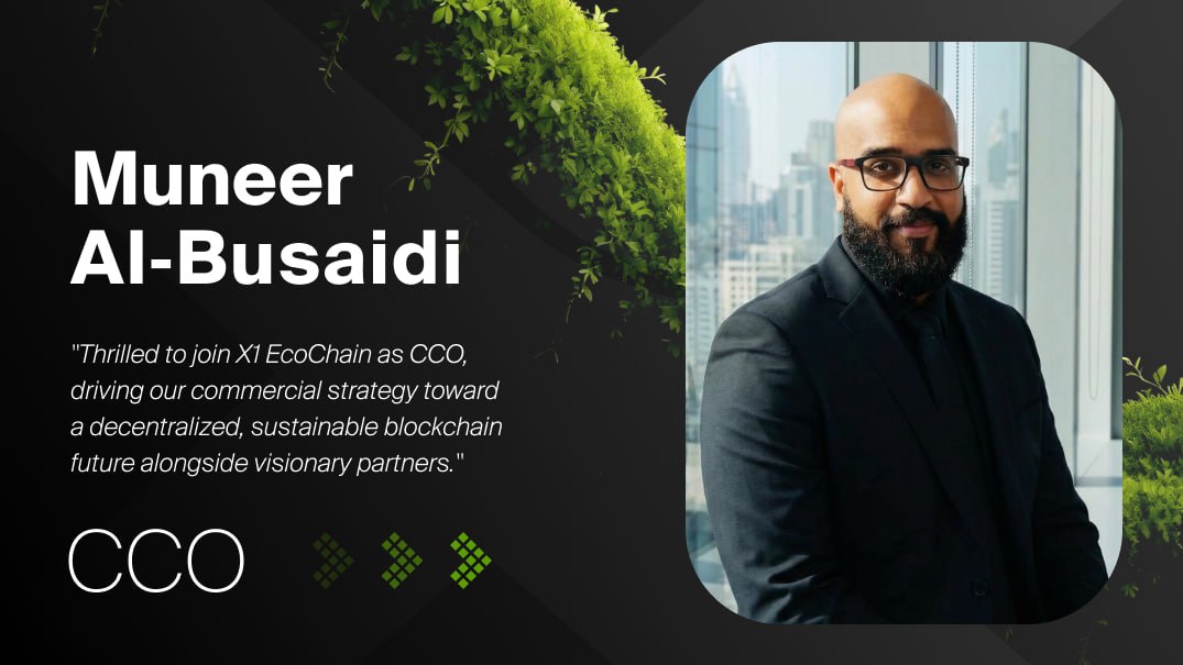 X1_EcoChain's tweet image. We are thrilled to announce that Muneer Al‑Busaidi has joined the X1 team as Chief Commercial Officer (CCO), marking a significant step in our journey to expand strategic partnerships, accelerate market growth, and strengthen our commercial operations across the GCC and beyond.