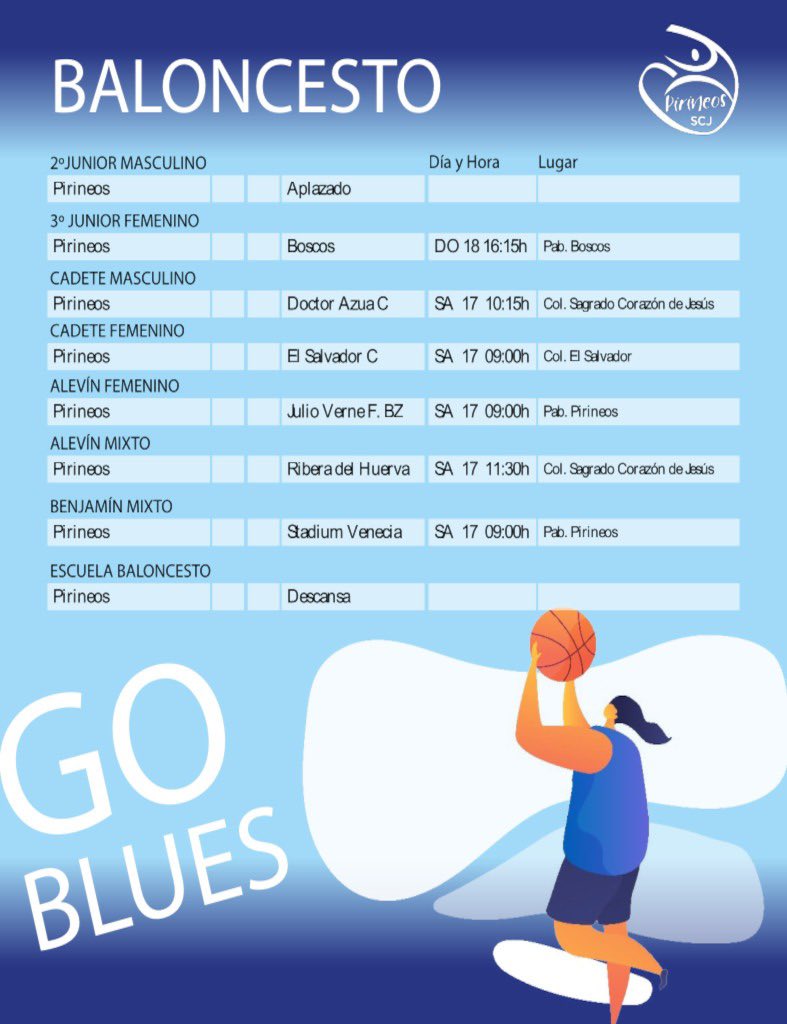 🔵 Nuevo fin de semana de deporte

⚽ 🏀 Si quieres saber a qué hora juegan nuestros conjuntos, puedes comprobarlo en el programa que os adjuntamos en imágenes.

#GoBlues