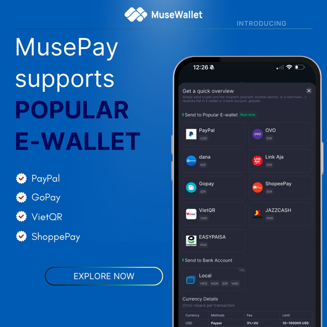 From crypto to everyday wallets in seconds. MusePay bridges Web3 to real  life with support for PayPal, GoPay, VietQR, ShopeePay & more. 🌍💳