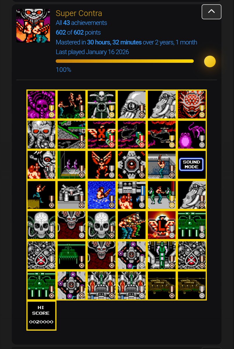 sin_static's tweet image. Retro Achievement Master #8-
Super C for the NES!

This one was a lot of fun to complete! I had some trouble with some of the achievements, but once I was able to get the patterns down the rest was smooth sailing 😎

retroachievements.org/user/whispersi…

#retrogaming #sony #Vtuber